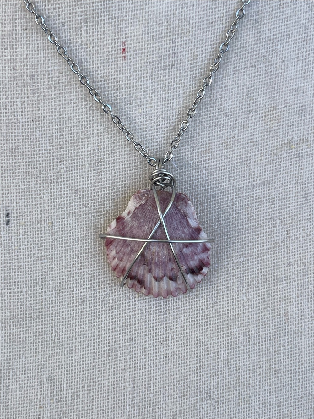 Purple Clam Shell Pendant Necklace Silver Stainless Steel